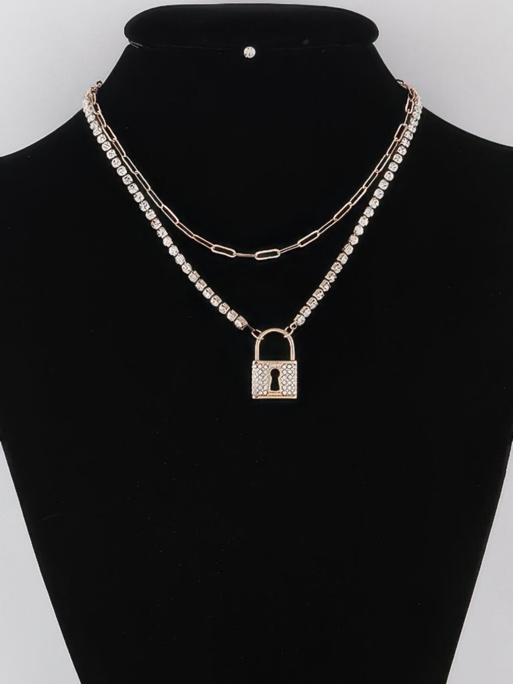Rhinestone Lined Lock Pendant Necklace